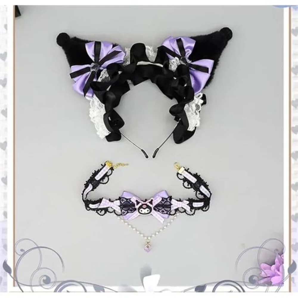 Halloween Soft Faux Fur Plush Fox Ears & Ribbon Bows Headband for Cartoon Kuromi